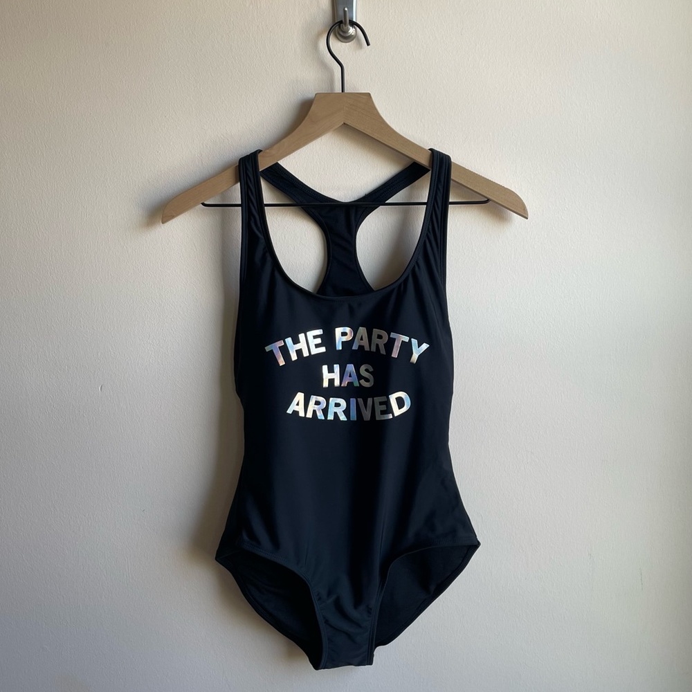 No Boundaries Black The Party Has Arrived Graphic One Piece Swimsuit